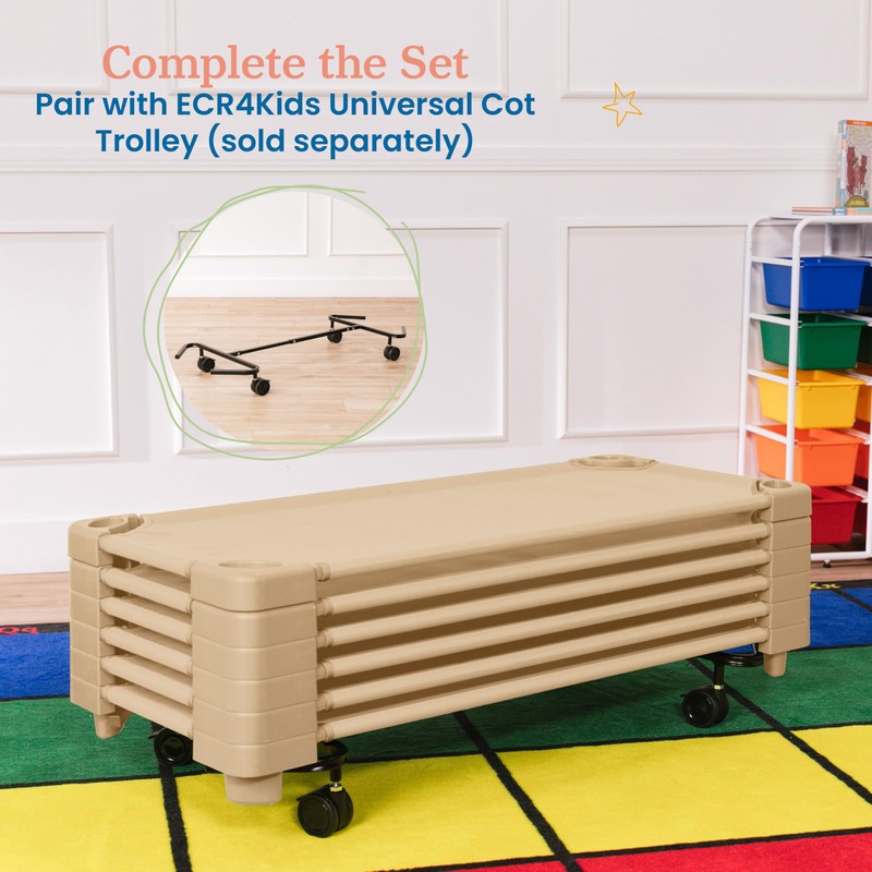 ECR4Kids Stackable Kiddie Cot, Ready-to-Assemble, Standard Size, Classroom Furniture, Sand,