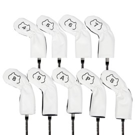 Leather Golf Club Iron Head Covers 9 Piece Set Cat Outline Headcover Protector White and Black