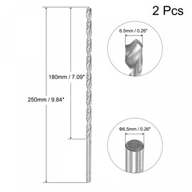 sourcing map HSS(High Speed Steel) Extra Long Twist Drill Bits, 6.5mm Drill Diameter 250mm Length for Hardened Metal Woodwork Plastic Aluminum Alloy 2 Pcs
