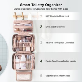 Everfun Hanging Travel Toiletry Bag for Women Traveling With Leakproof Compartment Makeup Cosmetic Organizer Dopp Kit Travel Accessories Essentials Must Have