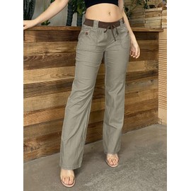 Flamingals Low Rise Cargo Wide Leg Pants for Women Drawstring Flap Pockets Y2K Bow Tie Casual Flare Pants Khaki M