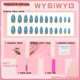QQPPOLIU Medium Press on Nails Almond Shape Steelblue Glue on Nails with Leafe Pattern Designs Fake Nails Artificial Nails Press Ons Gift for Holiday/Prom/Party/Daily 24pcs