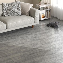 FunStick Vinyl Flooring Bathroom Peel and Stick Floor Tile Waterproof 12"x12" 15 Pcs Concrete Grey Removable Floor Tiles Peel and Stick on Floor Tile Stickers for Kitchen Living Room Linoleum Sheets