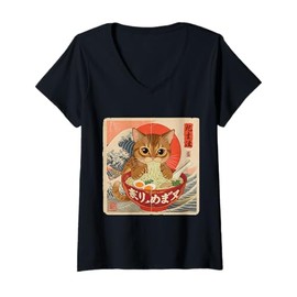 Womens Tabby Cat Ramen Japanese Wave Art for Women, Men, and Kids V-Neck T-Shirt
