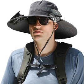 Solar Fan Hat for Men & Women, Rechargeable via Solar/USB, Portable Foldable Wide Brim Sun Hats with Built-in Fans, UPF 50+ Outdoor Fishing Hiking Gardening Summer Cooling Hat Dark Gray