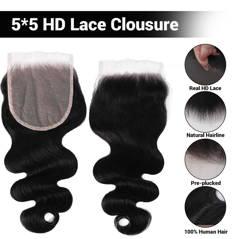 Filelf 5x5 Closure Human Hair,Silky Skinlike Real Hd Lace Free
