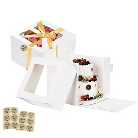 KoberrLi KoberrLi 2 Pack Cake Boxes with Ribbons 12x12x12 inch Tall Large White Bakery Square Cake Boxes with Window for Weddings Birthdays Decorating