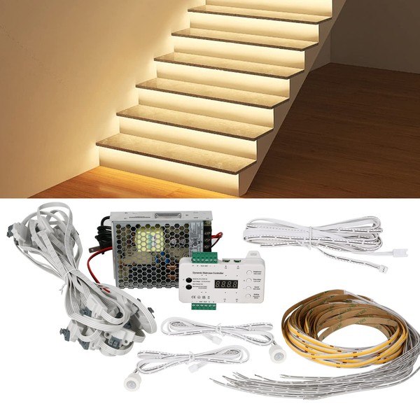 Indoor LED Stair Light Motion Sensor Stair Lighting Wire Complete Set Cascading Light Automatic Staircase Lighting System with COB LED Light Strip Easy to Run Wire for New Construction