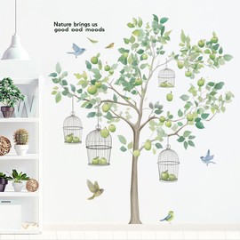 Condessacity Wall Sticker Tree Summer Green Birdcage Stylish Apple Tree Wall Sticker Large Leaves Wallpaper Removable Scandinavian Wall Paper Waterproof Wall Sticker Decoration Living Room Bedroom