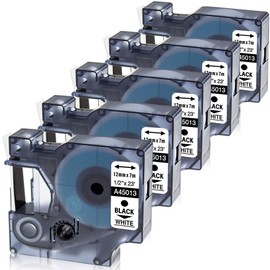 Replace DYMO Label Maker Refills D1 Label Tape 45013 S0720530 1/2 Inch Fit for Dymo LabelManager 160 280 360D Colorpop D1 Cassette Label Maker Tape Black on White 1/2'' x 23'(12mm x 7m), 5 Pack