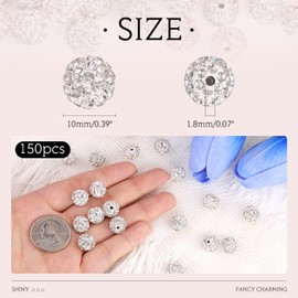 150 pcs 10mm Rhinestone Beads for Jewelry Making, White Shiny Round Shamballa Disco Beads Bulk, Sparkle Crystal Clay Christmas Beads for Bracelet Baseball Necklace Earring Crafting and DIY