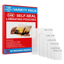 10mil Self-Adhesive Cold Laminating Sheets (120 Variety Count) Letter, Photo, Card, Notecard, I.D. Badge and Business Card Sizes. No Heat, No Machine needed, Easy Self-Sealing Pouches