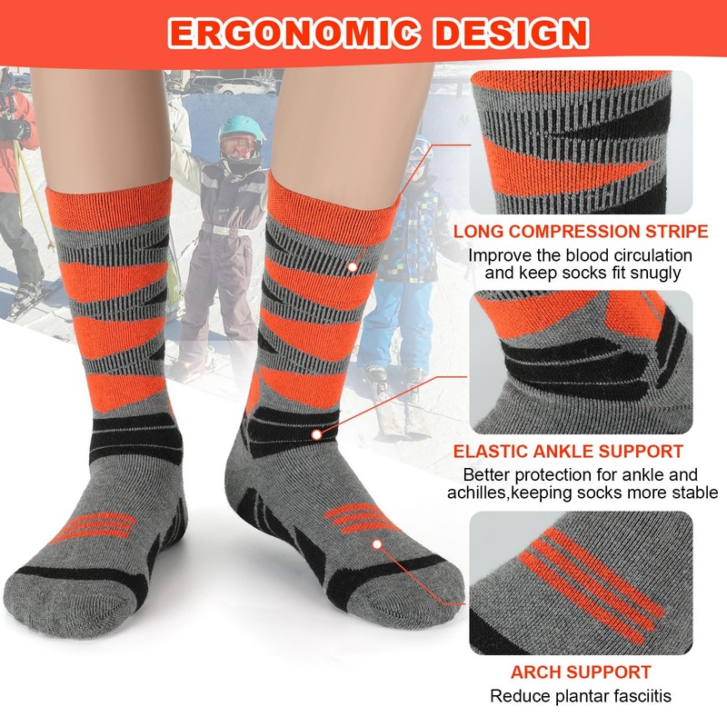 Winter Warm Kids Ski Socks - 2 Pairs Merino Wool