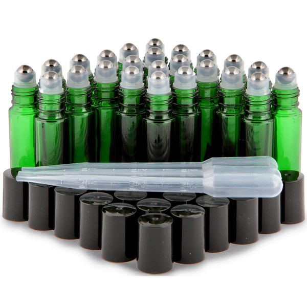 Vivaplex, 24, Green, 10 ml Glass Roll-on Bottles with Stainless Steel Roller Balls - 3-3 ml Droppers included