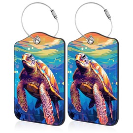 Colorful Wild Sea Turtle Luggage Tags 2 PCS Leather Suitcases Tag with Stainless Steel Loop and Name ID Address Card Label Privacy Cover for Women Men Travel Bag Suitcase