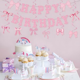 Pink Bow Happy Birthday Banner Party Decoration Hanging Swirls Bow Birthday Banner Set for Girls Woman Party Decor (Pink)