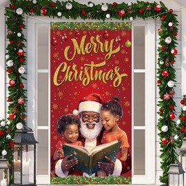 African American Christmas Door Cover Black Santa Christmas Photo Backdrop Merry Christmas Xmas Winter Holiday Party Decorations and Supplies for Home-71×35''