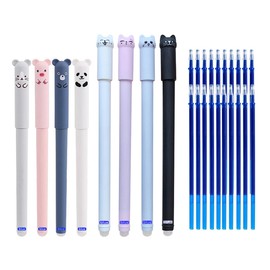 MROOFUL 28 Pcs/Set Erasable Teddy Bear Cat Animal Gel Pen Easy To Wipe Black Blue Rollerball Pen Core Animal Writing Stationery Study Office Supplies(8 Pens +20 Refills) (Blue)