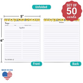 321Done Folding Recipe Cards (Set of 50) Sunflowers on White, From the Kitchen Of - Folds to 3x5 from 6x5 - Retro Vintage Wedding Baby Bridal Shower Party - Made in USA - Double-Sided, Floral Folded