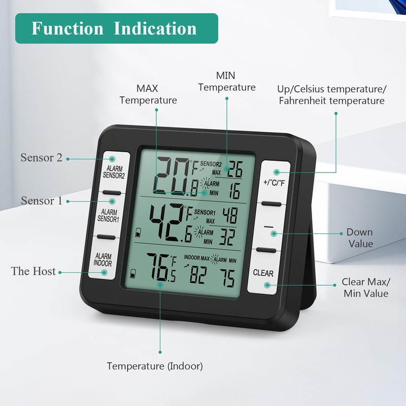 ORIA Refrigerator Thermometer, Wireless Digital Freezer Thermometer with 2 Wireless