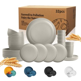 Wrova 32-piece Kitchen Alternative Melamine Wheat Straw Dinnerware Sets,Unbreakbale Dishwasher Safe Kitchen Bowls and Plates Sets with Cups,Apartment Essential Dishes Set for 8.Grey Series