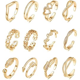 GXGM 12 Pcs Women Open Toe Rings Adjustable Band Rings Jewelry Set Gold, bronze