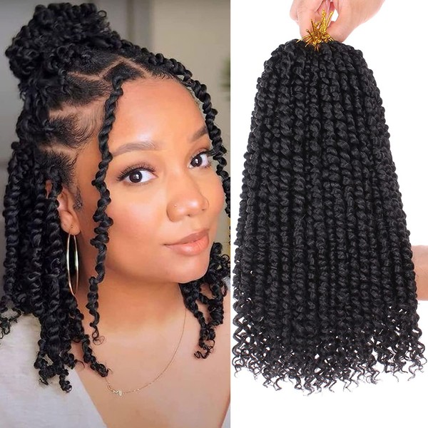 Leeven 8 Packs 14 Inch Pre Twisted Passion Twist Crochet Hair for Women Natural Black Water Wave Crochet Braids Hair Pre looped Curly Synthetic Bohemian Braiding Hair Extensions 12 Strands/Pack 1B#
