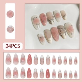 WAFOLOZE Nails Press on, Almond Press on Nails Medium Girls Fake Nails with White French Tip & Bow Design, Acrylic Artificial False Nails Press Ons Glue on Nails For Women