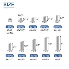 DTGN Nuts and Bolts Assortment Kit #6-32 Pan Head Machine Screw 304 Stainless Steel Screw Assortment Kit for Drawer, Cupboard, Closet Handle, 220 Pieces