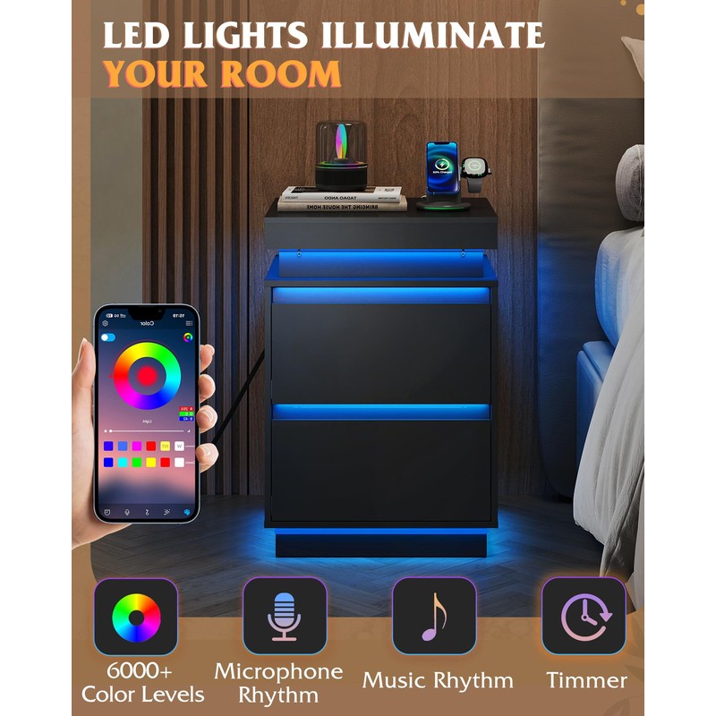 WLIVE Black Nightstand with Charging Station and LED Lights, Bedside