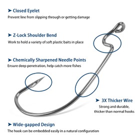 Bass Hooks Worm Hooks Ewg Hooks, 50/100pcs Offset Worm Hooks Texas Rig Hooks 3X Strong High Carbon Steel Fishing Hooks for Soft Plastic Bait Fish Hooks for Bass Trout (50pcs Worm Hooks(1/0-5/0))