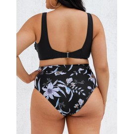 CUPSHE Women's Plus Size Swimsuit Two Piece Bathing Suit High Waisted Cutout Floral Bikinis with Back Hook 0X, Black
