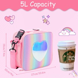 Lunch Bag for Kids, Thermal Insulated Tote Lunch Bag with Fruit Forks, Reusable Lunch Box for Teens Students Girls Boys School Picnic Family One Day Trip, Rainbow Unicorn Pink Heart Glitter