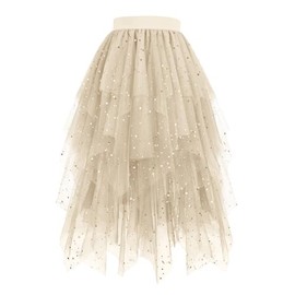 Women's Tulle Skirts High Waisted Puffy Layered Midi Tutu Skirt Ruffle Tiered Fashion Fairy Party Clothes #02 Beige Medium