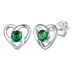 Bestyle Sterling Silver Heart Celtic Earrings with Stone Synthetic Emerald Crystal Earring Tiny Cute Heart Stud Earrings May Birthstone Jewelry Gifts for Women Birthday/Anniversary
