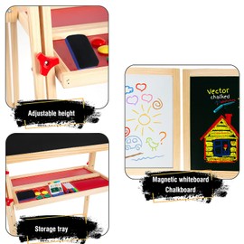 Adjustable Wooden Easel for Kids, Foldable Standing Art Easel for 3, 4, 5, 6, 7, 8 Years Old with Accessories, Drawing Painting Gifts for Boys & Girls Toddlers, Great Presents for Birthday