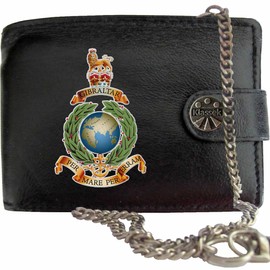 Klassek Royal Marines Image Men Chain Wallet Real Leather Cap Badge Emblem Military Crest Insignia RFID Blocking with Coin Pocket and Metal Gift Box