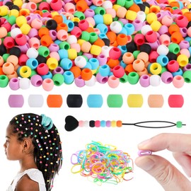 Gimswi 300 Small Silicone Hair Beads for Girls Women, 7*5mm Colorful Soft Mini Silicone Beads for Braids, Bracelet, DIY Crafts, Ornament, Plastic Quick Beader for Hair Braid, 50 Elastic Rubber Bands
