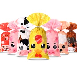Pajean Pieces Farm Animal Party Favor Bags, Plastic Candy Goodies Gift Treat Bags Farmhouse Decor for Baby Shower Boys Girls Kids Happy Birthday Party Decorations Supplies