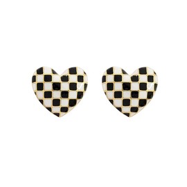 Small Black White Heart Studs Earrings for Women Girls Sterling Silver Post Pin Minimalist Checker Enamel Love Heart Shaped Piercing Stud Earring Valentine's Anniversary Birthday Jewelry Gifts