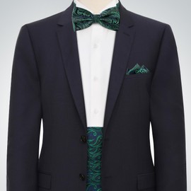 JUNMEISI Paisley Cummerbund and Bow Tie Set Adjustable Formal Men's Green Cumberbund Tuxedo Bowtie Cufflinks Set & Pocket Squares