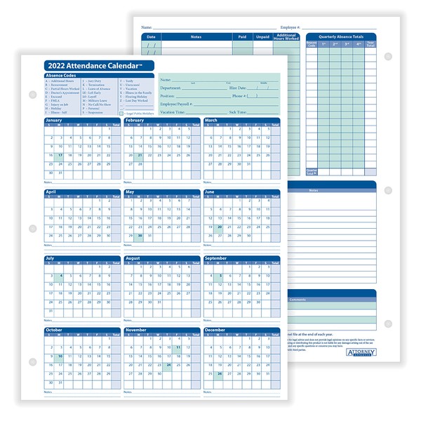 ComplyRight 2023 Attendance Calendar Card, White, Pack of 25