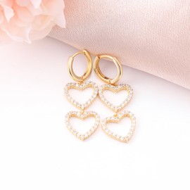 18K Gold Plated Sterling Sliver Double Heart-Shaped Hoop Dangling Earrings for Women Hypoallergenic Cubic Zironia Fashion Love Heart Elegant Hoop Earrings with Dangle Charms