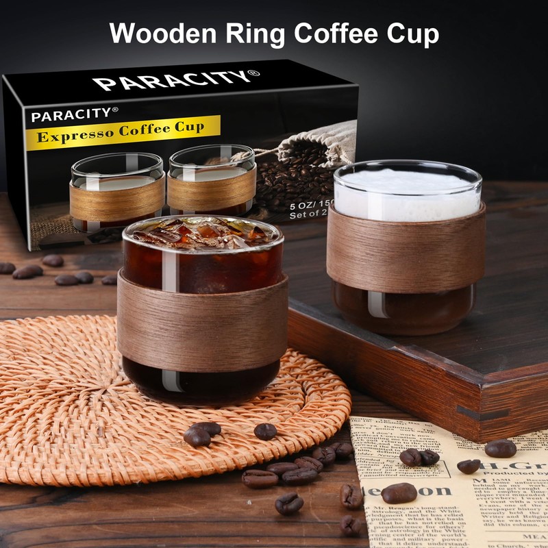 PARACITY Espresso Cups Set of 2 with Wooden Ring, 5