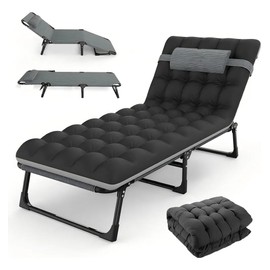 Camastro Plegable Portátil con Colchón Acolchado, Negro, 5 Posiciones de Respaldo, 172x52x28 cm