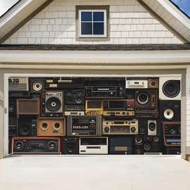 ANNA QUEEN Retro Speaker Wall Garage Door Banner 6 x 13FT, Vintage Radio Stereo Collection Backdrop, Outdoor Garage Decoration for Parties Home Decor