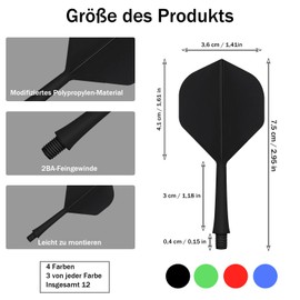 EVDZNA Plastic Dart Flights, 12 Pieces, Integrated Flight, 75 mm Dart Flights with Shafts, Stable, Threaded Dart Flights, Accessories for Darts, Darts Accessories, Black, Red, Blue and Green