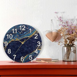 BOENLE Abstract Blue Gold Marble Wall Clock Non Ticking Silent Kitchen Clock Large Battery Operated Clocks 10 inch for Living Room Bedroom Decor