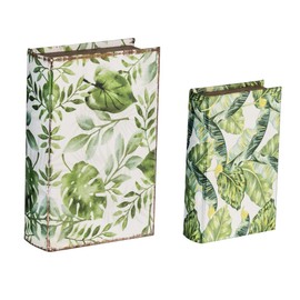 Benicabaly Charming Botanical Green Book Boxes Set of 2 for Storage and Style, Vintage Design, 11x7x3 & 8x5x2