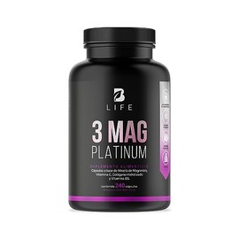 Mezcla de Magnesios Premium con 240 Cápsulas 1500mg por porción. Adicionado con Colágeno Hidrolizado, Vitamina D3 y Vitamina C. 3 Mag Platinum B Life.